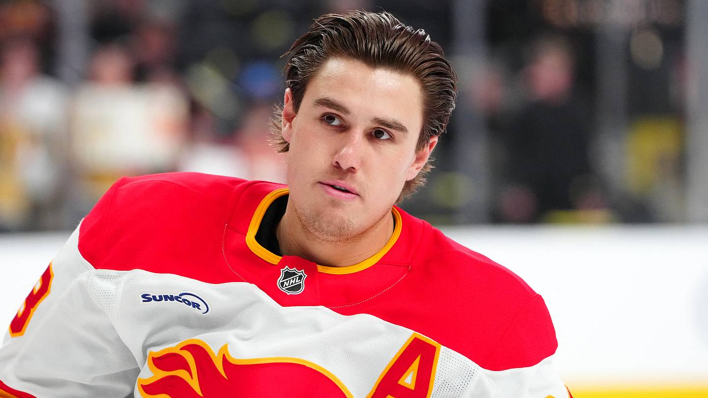 Apr 2, 2026; Las Vegas, Nevada, USA; Calgary Flames defenseman Zach Whitecloud (28) warms up before a game against the Vegas Golden Knights at T-Mobile Arena. Mandatory Credit: Stephen R. Sylvanie-Imagn Images
