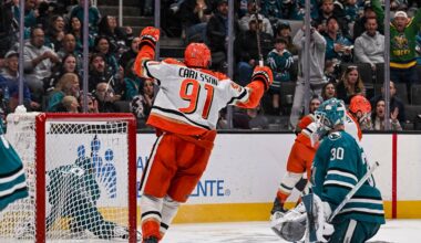 Apr 1, 2026; San Jose, California, USA; Anaheim Ducks center Leo Carlsson (91) celebrates after a goal against the San Jose Sharks during the third period at SAP Center at San Jose.
