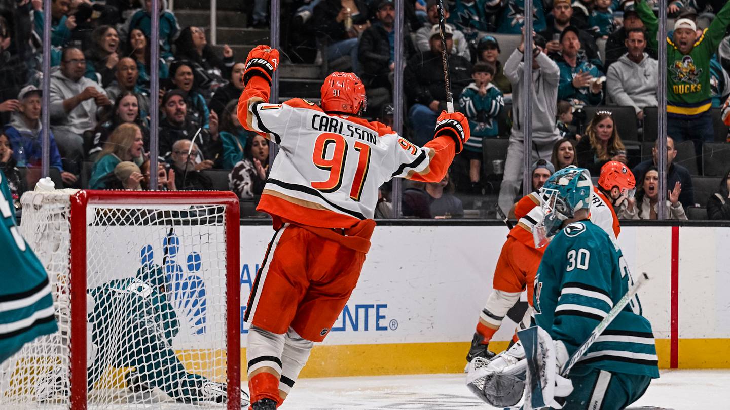 Apr 1, 2026; San Jose, California, USA; Anaheim Ducks center Leo Carlsson (91) celebrates after a goal against the San Jose Sharks during the third period at SAP Center at San Jose.