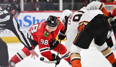 Dec 7, 2023; Chicago, Illinois, USA; Chicago Blackhawks forward Connor Bedard (98) takes a face off against Anaheim Ducks forward Leo Carlsson (91) in the second period at United Center. Mandatory Credit: Jamie Sabau-USA TODAY Sports