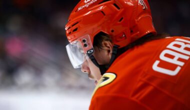 Nov 13, 2024; Anaheim, California, USA; Anaheim Ducks center Leo Carlsson (91) looks on during the second period of a hockey game against the Vegas Golden Knights at Honda Center. Mandatory Credit: Jessica Alcheh-Imagn Images
