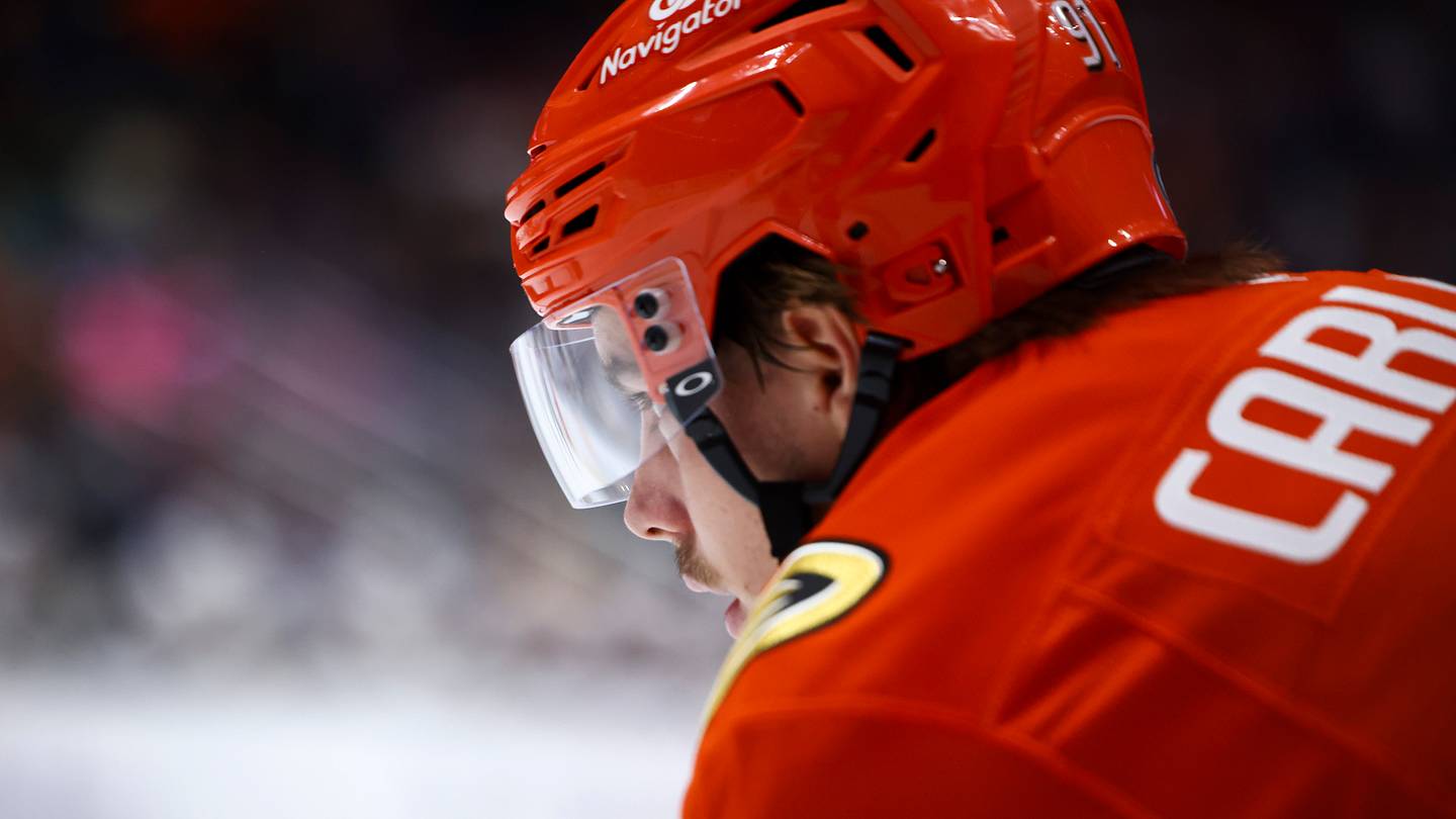 Nov 13, 2024; Anaheim, California, USA; Anaheim Ducks center Leo Carlsson (91) looks on during the second period of a hockey game against the Vegas Golden Knights at Honda Center. Mandatory Credit: Jessica Alcheh-Imagn Images