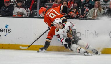 Dec 7, 2025; Anaheim, California, USA;  Anaheim Ducks center Leo Carlsson (91) defends against Chicago Blackhawks center Connor Bedard (98) during the first period at Honda Center. Mandatory Credit: Corinne Votaw-Imagn Images