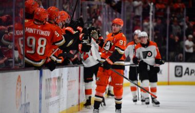 Mar 18, 2026; Anaheim, California, USA; Anaheim Ducks center Leo Carlsson (91) celebrates his goal scored against the Philadelphia Flyers during the third period at Honda Center.