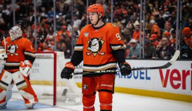May 10, 2026; Anaheim, California, USA; Anaheim Ducks defenseman Pavel Mintyukov (98) during the third period against the Vegas Golden Knights in game four of the second round of the 2026 Stanley Cup Playoffs at Honda Center. Mandatory Credit: Corinne Votaw-Imagn Images