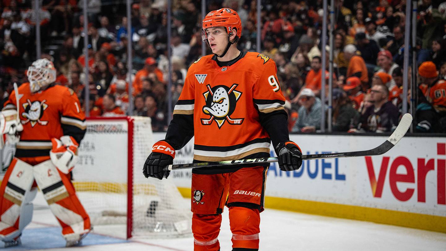 May 10, 2026; Anaheim, California, USA; Anaheim Ducks defenseman Pavel Mintyukov (98) during the third period against the Vegas Golden Knights in game four of the second round of the 2026 Stanley Cup Playoffs at Honda Center. Mandatory Credit: Corinne Votaw-Imagn Images