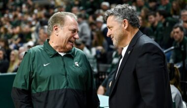Michigan State's head coach Tom Izzo, left, talks with Oakland's head coach Greg Kampe before the game on Monday, Dec. 18, 2023, at the Breslin Center in East Lansing. "They get their players going, the level of intensity just ratchets up and there's nothing you can do about it as a visiting player or team," Said Kampe of the Izzone impact.