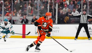 Apr 9, 2026; Anaheim, California, USA; Anaheim Ducks center Leo Carlsson (91) skates with the puck against the San Jose Sharks in the second period at Honda Center. Mandatory Credit: Kirby Lee-Imagn Images
