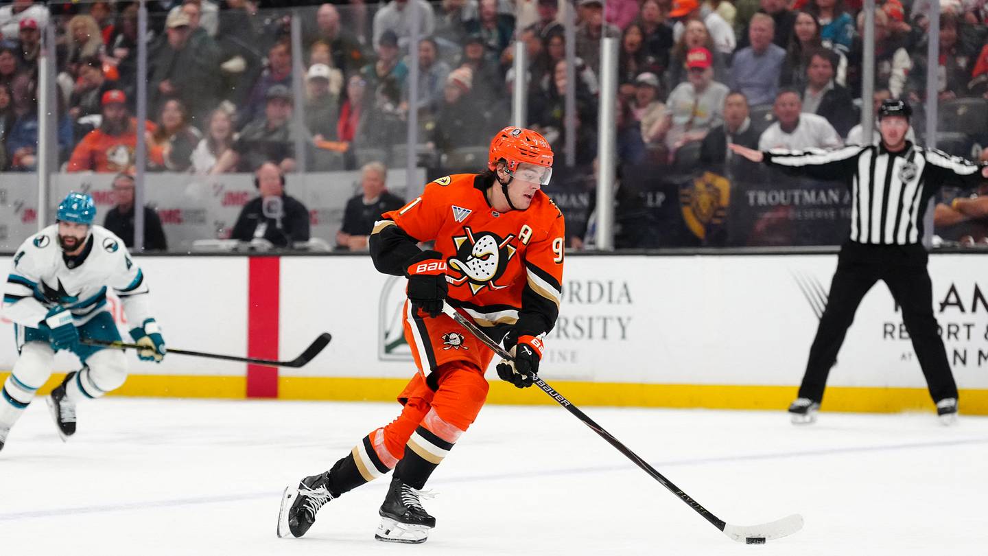 Apr 9, 2026; Anaheim, California, USA; Anaheim Ducks center Leo Carlsson (91) skates with the puck against the San Jose Sharks in the second period at Honda Center. Mandatory Credit: Kirby Lee-Imagn Images