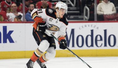 Anaheim Ducks forward Leo Carlsson (91) skates against the Chicago Blackhawks at United Center. Mandatory Credit: Jamie Sabau-USA TODAY Sports