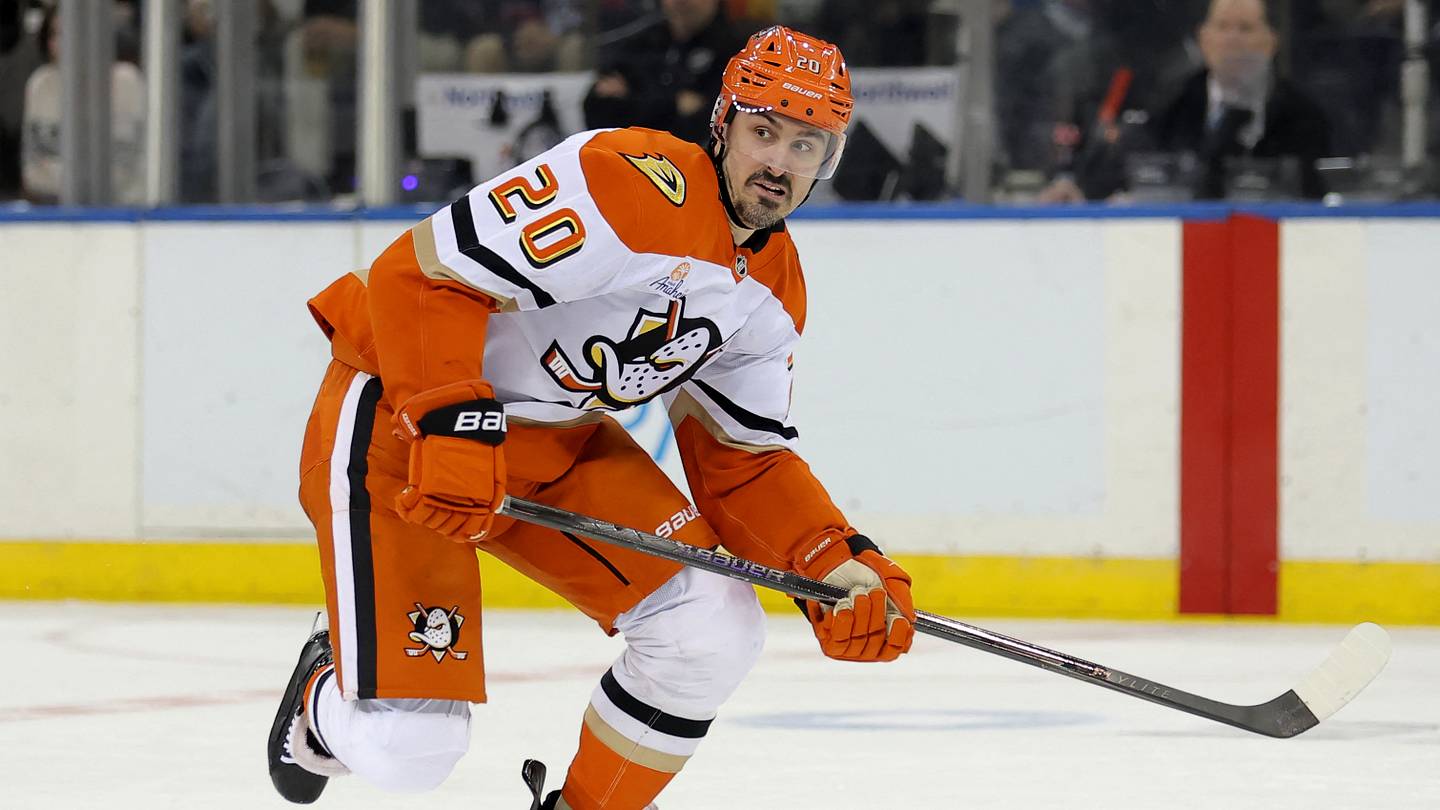Dec 15, 2025; New York, New York, USA; Anaheim Ducks left wing Chris Kreider (20) skates against the New York Rangers during the second period at Madison Square Garden. Mandatory Credit: Brad Penner-Imagn Images