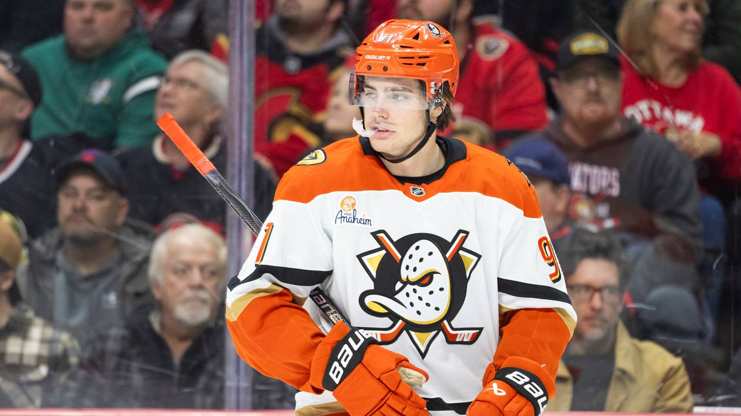 Mar 14, 2026; Ottawa, Ontario, CAN; Anaheim Ducks center Leo Carlsson (91) skates in the second period against the Ottawa Senators at the Canadian Tire Centre. Mandatory Credit: Marc DesRosiers-IMAGN Images