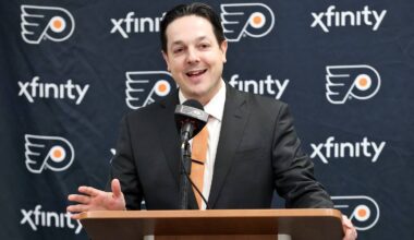 General Manager Daniel Briere of the Philadelphia Flyers speaks during a pregame ceremony honoring former Flyer Public Relations Director Zack Hill prior to an NHL game against the Anaheim Ducks at the Wells Fargo Center on October 28, 2023 in Philadelphia, Pennsylvania. (Photo by Len Redkoles/NHLI via Getty Images)