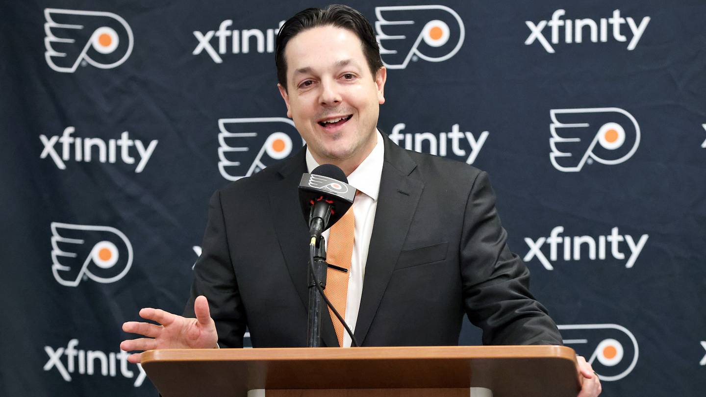 General Manager Daniel Briere of the Philadelphia Flyers speaks during a pregame ceremony honoring former Flyer Public Relations Director Zack Hill prior to an NHL game against the Anaheim Ducks at the Wells Fargo Center on October 28, 2023 in Philadelphia, Pennsylvania. (Photo by Len Redkoles/NHLI via Getty Images)