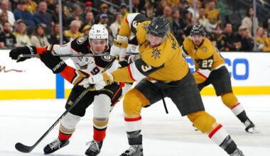 Apr 18, 2024; Las Vegas, Nevada, USA; Vegas Golden Knights defenseman Brayden McNabb (3) looks to sweep the puck away from Anaheim Ducks center Leo Carlsson (91) during the first period at T-Mobile Arena. Mandatory Credit: Stephen R. Sylvanie-USA TODAY Sports