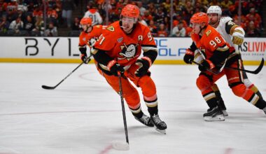 May 8, 2026; Anaheim, California, USA; Anaheim Ducks center Leo Carlsson (91) plays for the puck against the Vegas Golden Knights during the third period in game three of the second round of the 2026 Stanley Cup Playoffs at Honda Center. Mandatory Credit: Gary A. Vasquez-Imagn Images