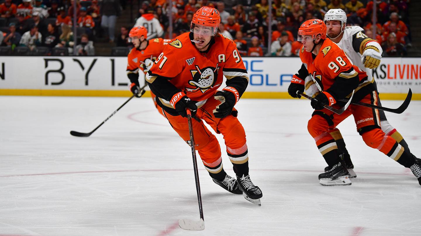 May 8, 2026; Anaheim, California, USA; Anaheim Ducks center Leo Carlsson (91) plays for the puck against the Vegas Golden Knights during the third period in game three of the second round of the 2026 Stanley Cup Playoffs at Honda Center. Mandatory Credit: Gary A. Vasquez-Imagn Images