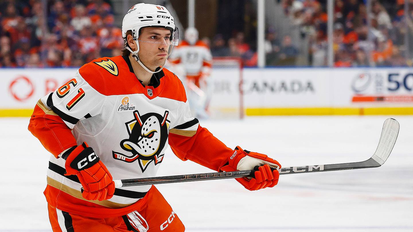 Mar 4, 2025; Edmonton, Alberta, CAN; Anaheim Ducks forward Cutter Gauthier (61) follows the play against the Anaheim Ducks at Rogers Place. Mandatory Credit: Perry Nelson-Imagn Images