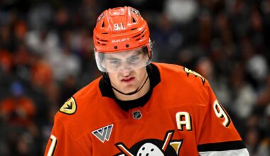 Mar 30, 2026; Anaheim, California, USA; Anaheim Ducks center Leo Carlsson (91) reacts before the first overtime period against the Toronto Maple Leafs at Honda Center. Mandatory Credit: Griffin Hooper-Imagn Images