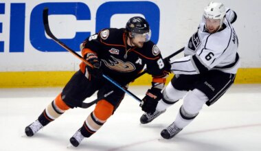 May 16, 2014; Anaheim, CA, USA; Anaheim Ducks right wing Teemu Selanne (8) skates around Los Angeles Kings defenseman Jake Muzzin (6) during the third period in game seven of the second round of the 2014 Stanley Cup Playoffs at Honda Center. Mandatory Credit: Robert Hanashiro-USA TODAY Sports