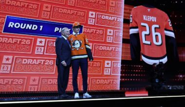 Jun 26, 2026; Buffalo, New York, USA; Nikita Klepov reacts beside NHL commissioner Gary Bettman after being selected with the fifteenth pick in the first round of the 2026 NHL Draft by the Anaheim Ducks at KeyBank Center. Mandatory Credit: Timothy T. Ludwig-Imagn Images