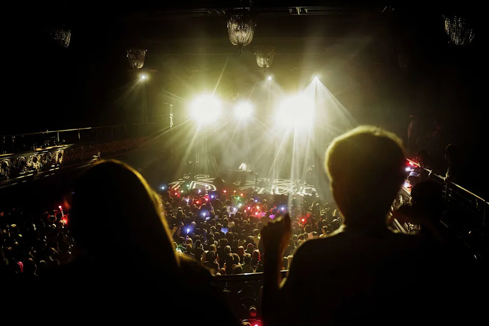Two dancers on the balcony of the Regency Ballroom during Umru's opening DJ set on June 26, 2026. (Theo LaBrusciano-Carris/For SFGATE)