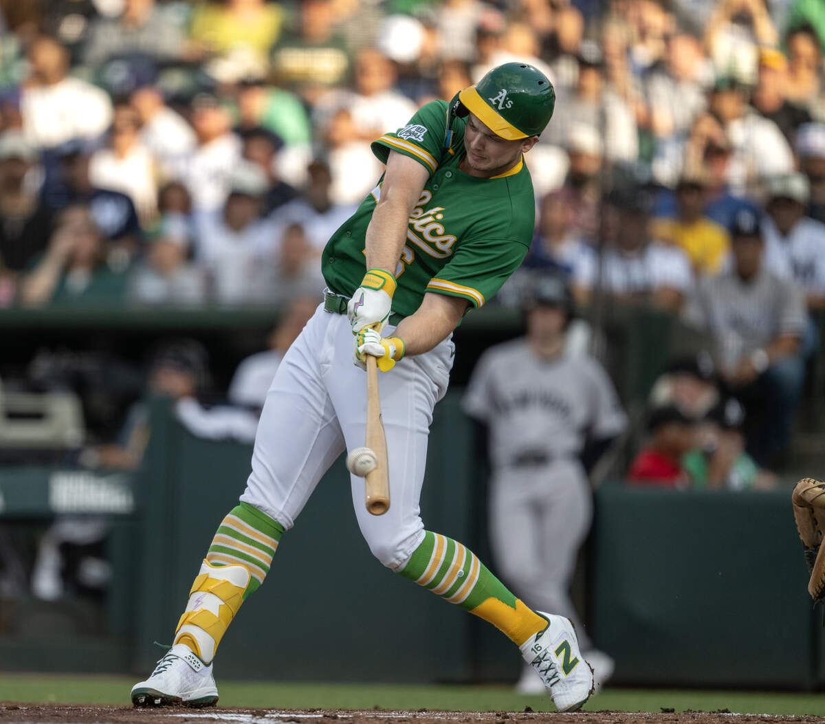 Athletics hitter Nick Kurtz connects for a solo home run off New York Yankees pitcher Carlos Rodón in the bottom of the first inning on May 29 at Sutter Health Park in West Sacramento.