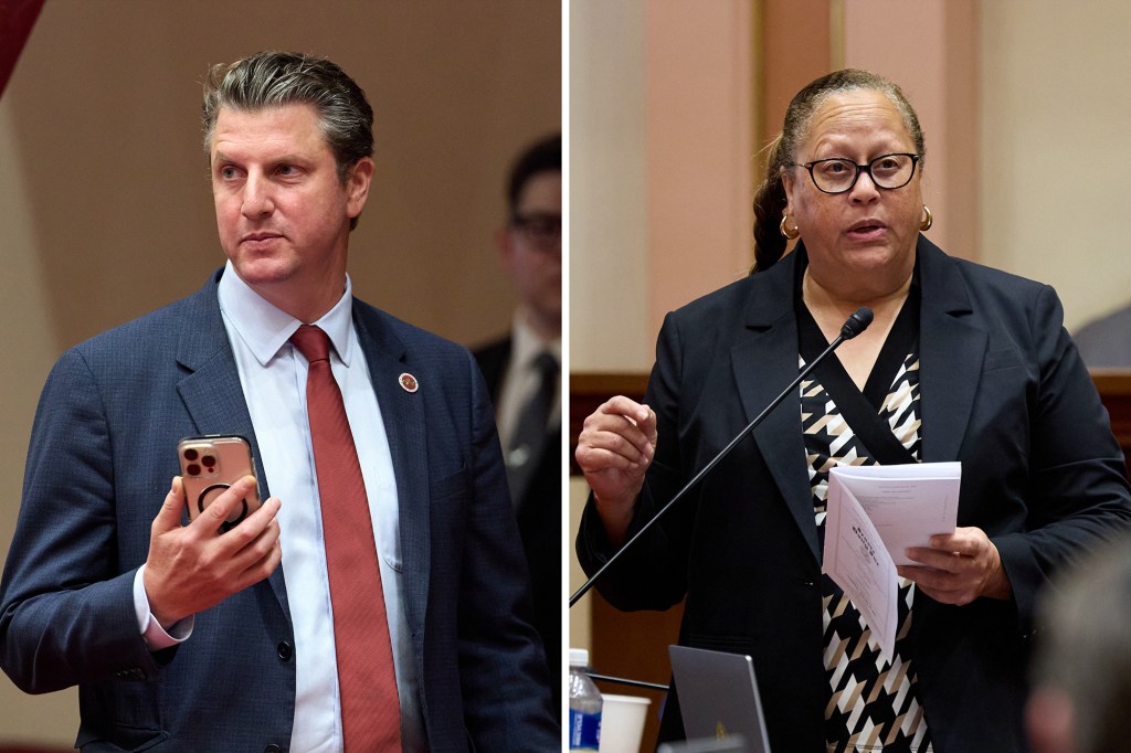 A side-by-side split image showing a person on the left in a blue suit and a red tie holding a cell phone in their hand. The person on the right is wearing a black blazer over a blouse with a black-and-white pattern while speaking on the California Assembly floor into a microphone.