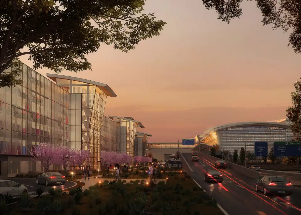 A 2024 rendering of the future Terminal B parking garage at Sacramento International Airport.