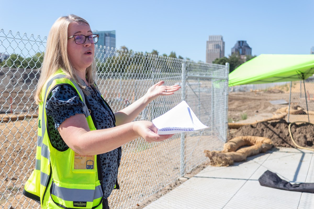 Sacramento Regional Transit spokesperson Jessica Gonzalez Tuesday, July 14, 2026, at the 7th & Railyards light rail station in Sacramento. Gonzalez says the station will help connect people to the new soccer stadium currently under construction.