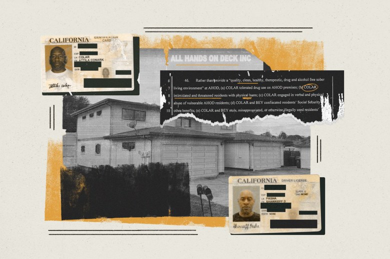 Illustration of Attila Colar's multiple licenses and text from the federal indictment. Illustration by Adriana Heldiz, CalMatters; iStock