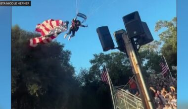 Video captures flag-carrying skydiver make hard landing at Folsom Pro Rodeo