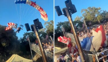 Skydiver carrying US flag crash lands in crowd at California rodeo