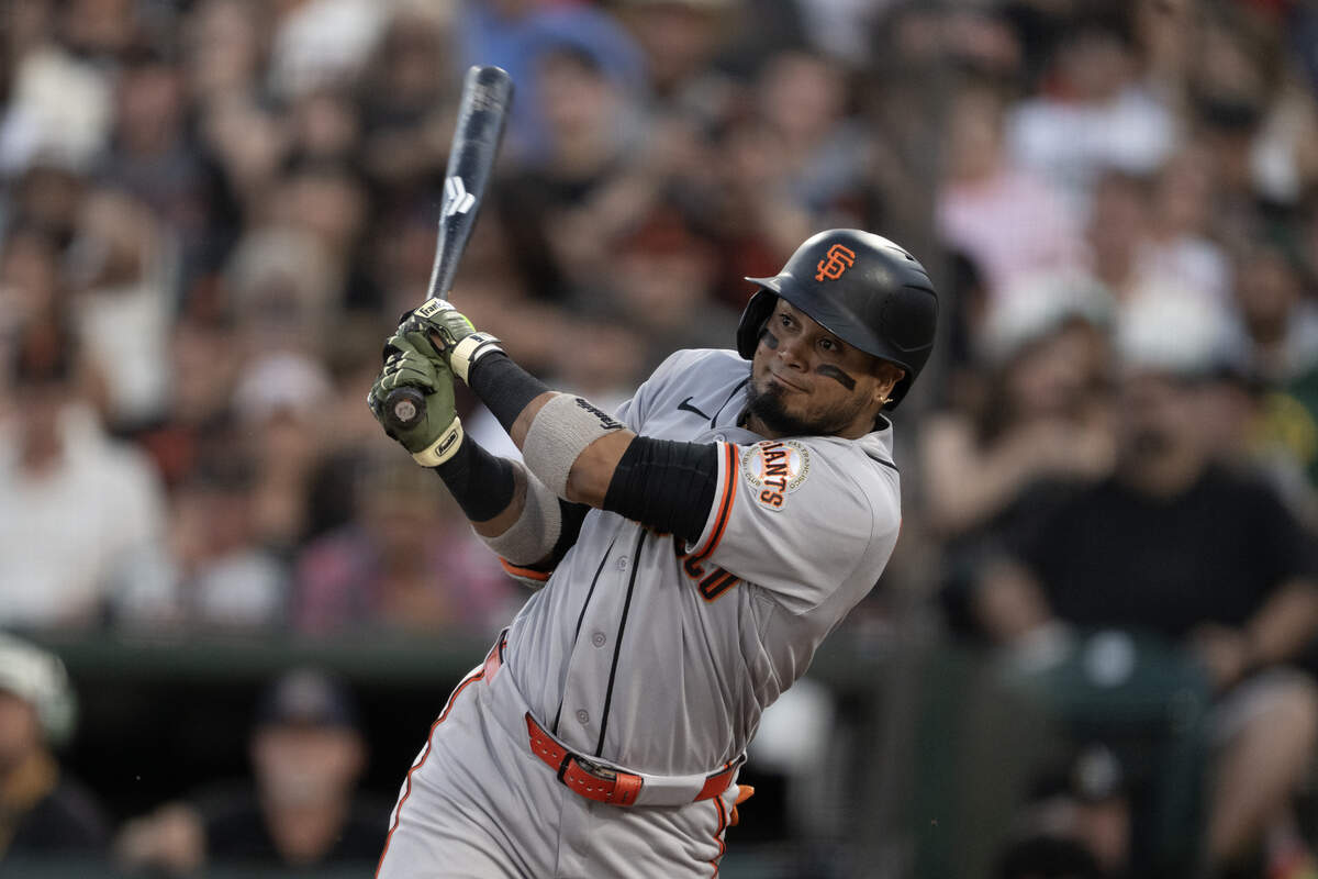 San Francisco Giants second baseman Luis Arraez singles in the 5th inning against the Athletics at Sutter Health Park on May 15. He made the National League’s All-Star Game roster at second base.