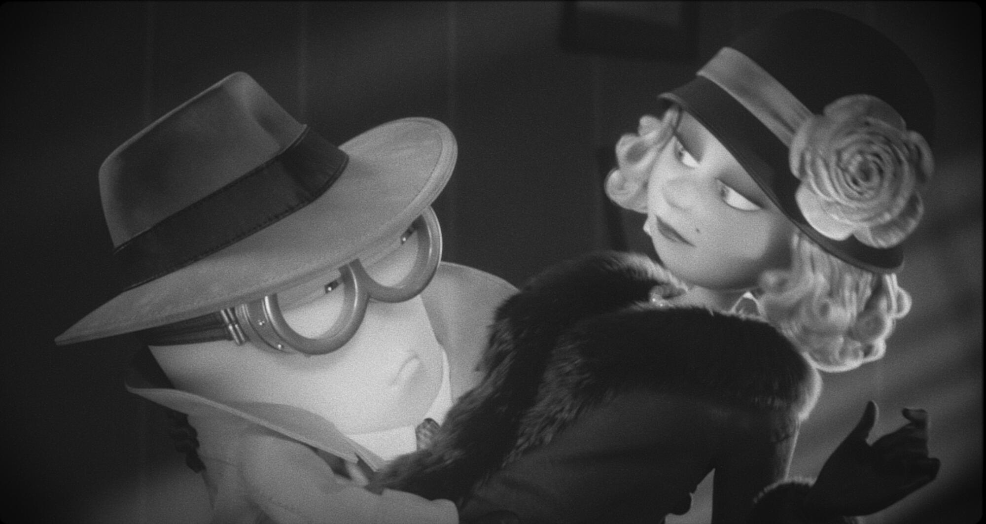 An animated Minion noir detective embraces a femme fatale.