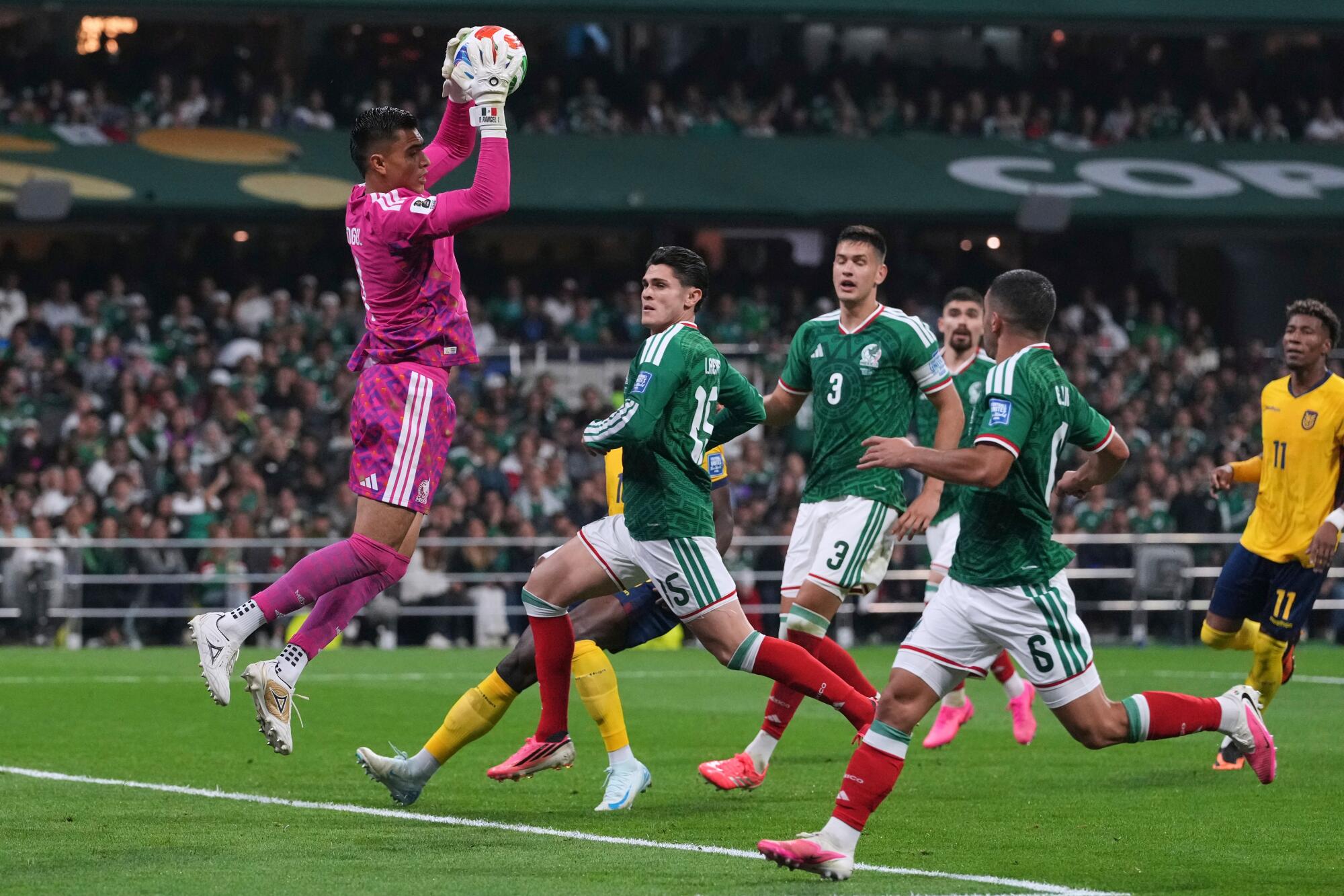 Mexico goalkeeper Raul Rangel catches the ball during a World Cup match against Ecuador in Mexico City on Tuesday.