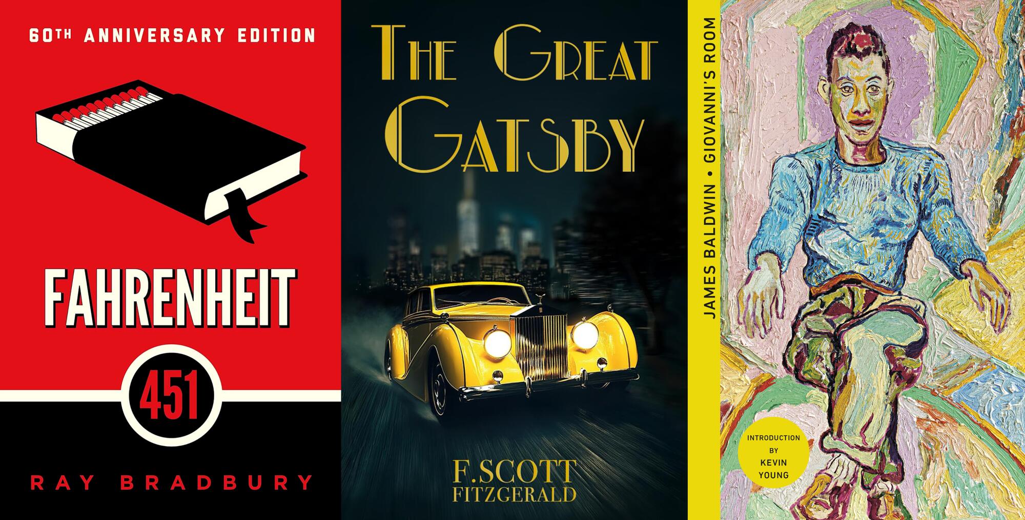 "Fahrenheit 451" by Ray Bradbury, from left, "The Great Gatsby" by F. Scott Fitzgerald "Giovanni's Room" by James Baldwin.