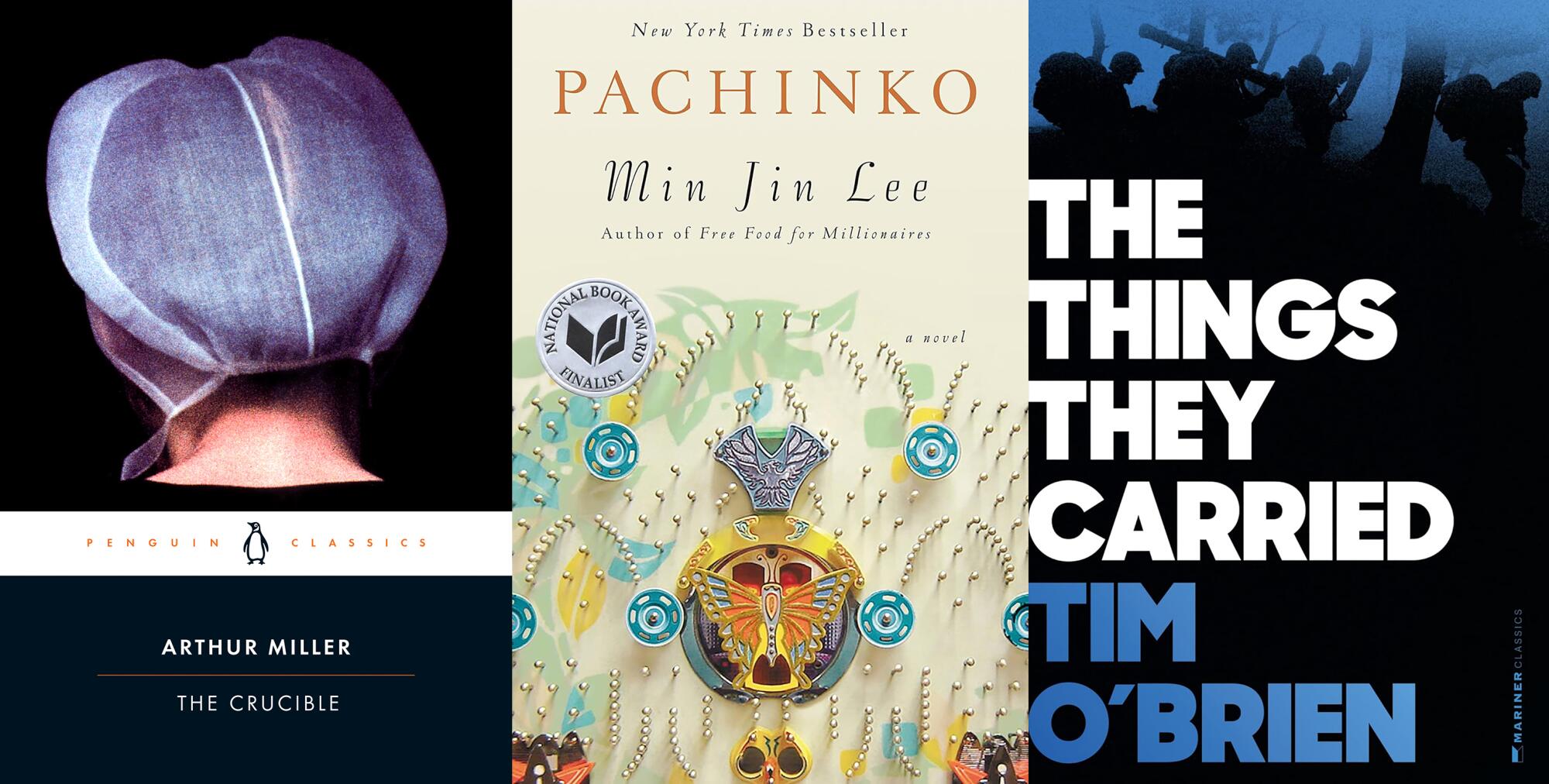 "The Crucible" by Arthur Miller, from left, "Pachinko" by Min Jin Lee and "The Things They Carried" by Tim O'Brien.