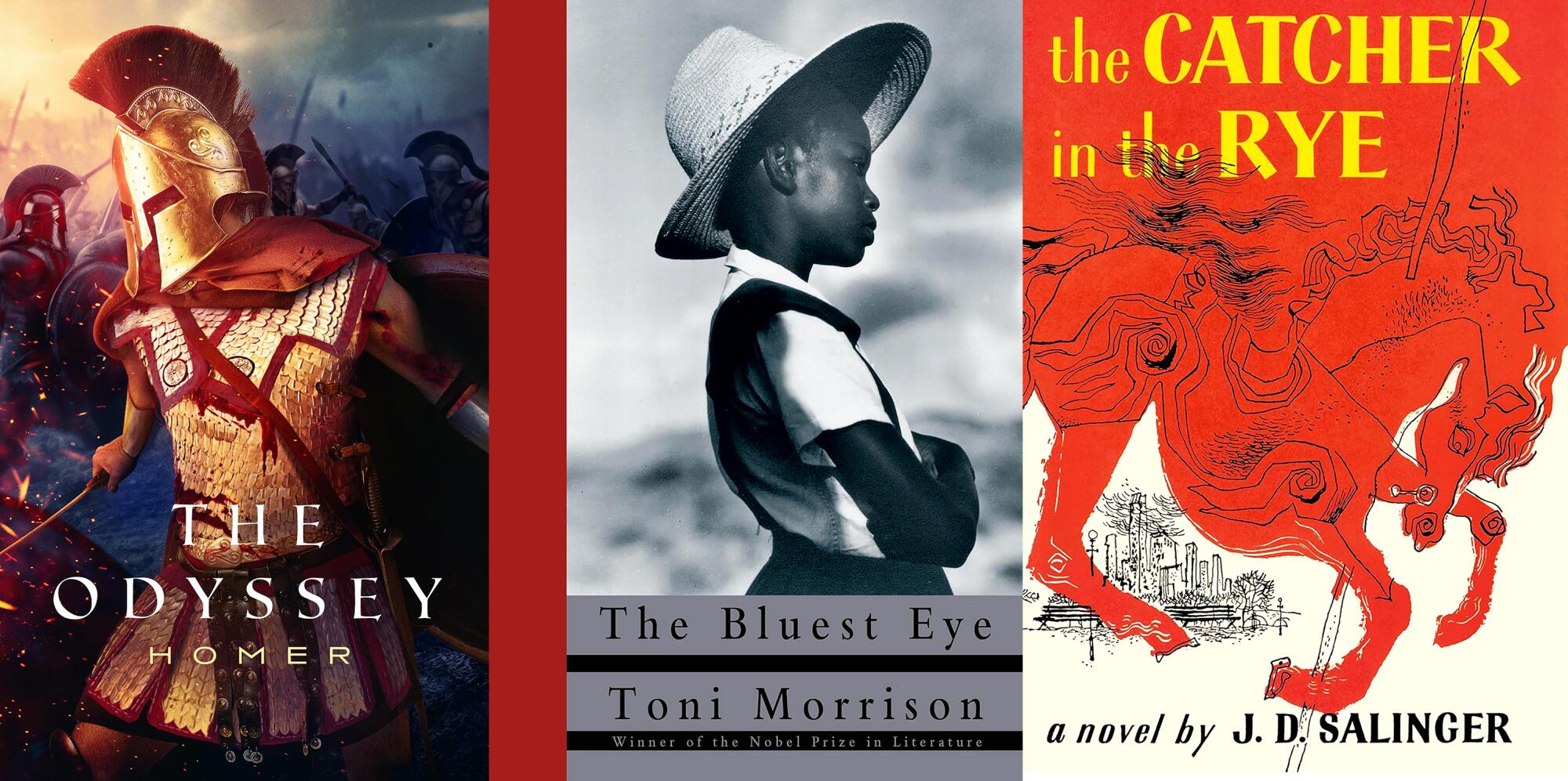 "The Odyssey" by Homer, from left, "The Bluest Eye" by Toni Morrison and "The Catcher in the Rye" by J.D. Salinger.