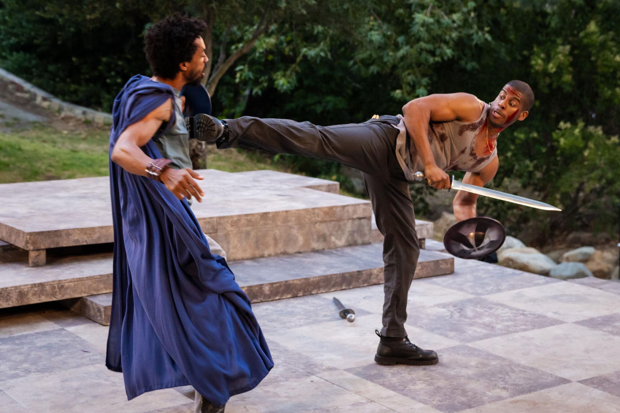 Patrick Batiste (Aufidius) and Brent Charles (Coriolanus) in the Indie Shakes production of "Coriolanus" in Griffith Park.