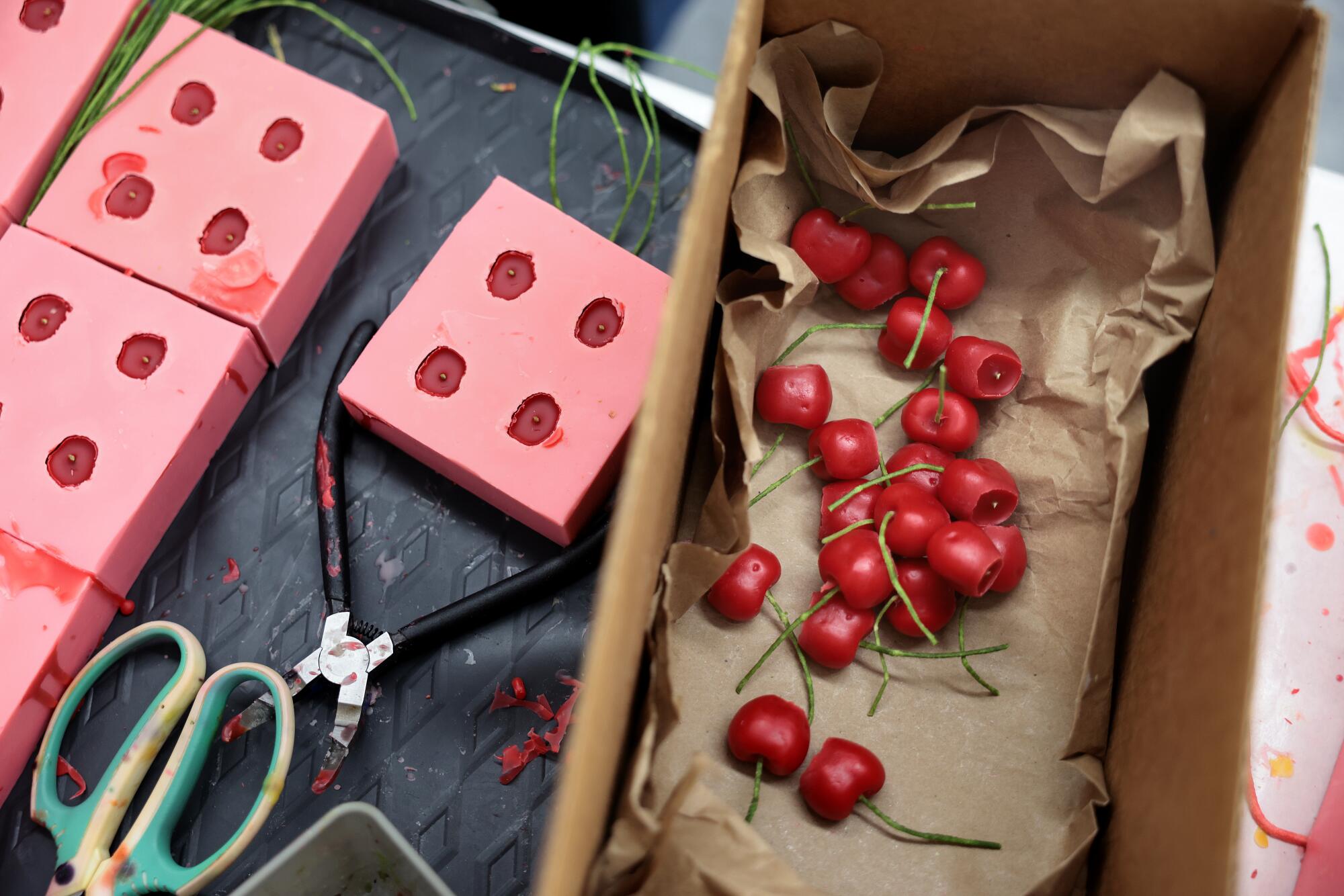 Cherry molds make cherry candles at Happy Organics' studio in downtown Los Angeles.