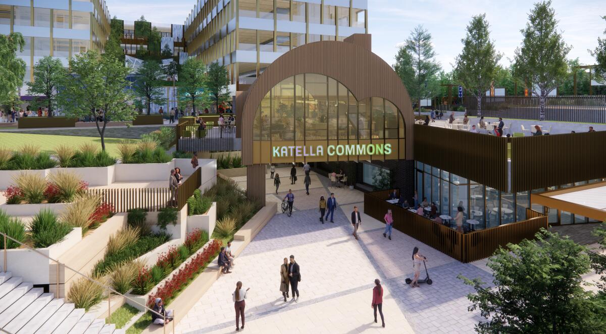 A rendering of what the Katella Commons entrance will look like when it opens at OCVibe in early 2027.