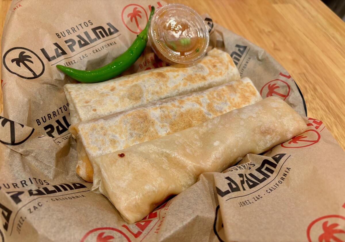 Burritos from Burritos La Palma made with fresh flour tortillas.
