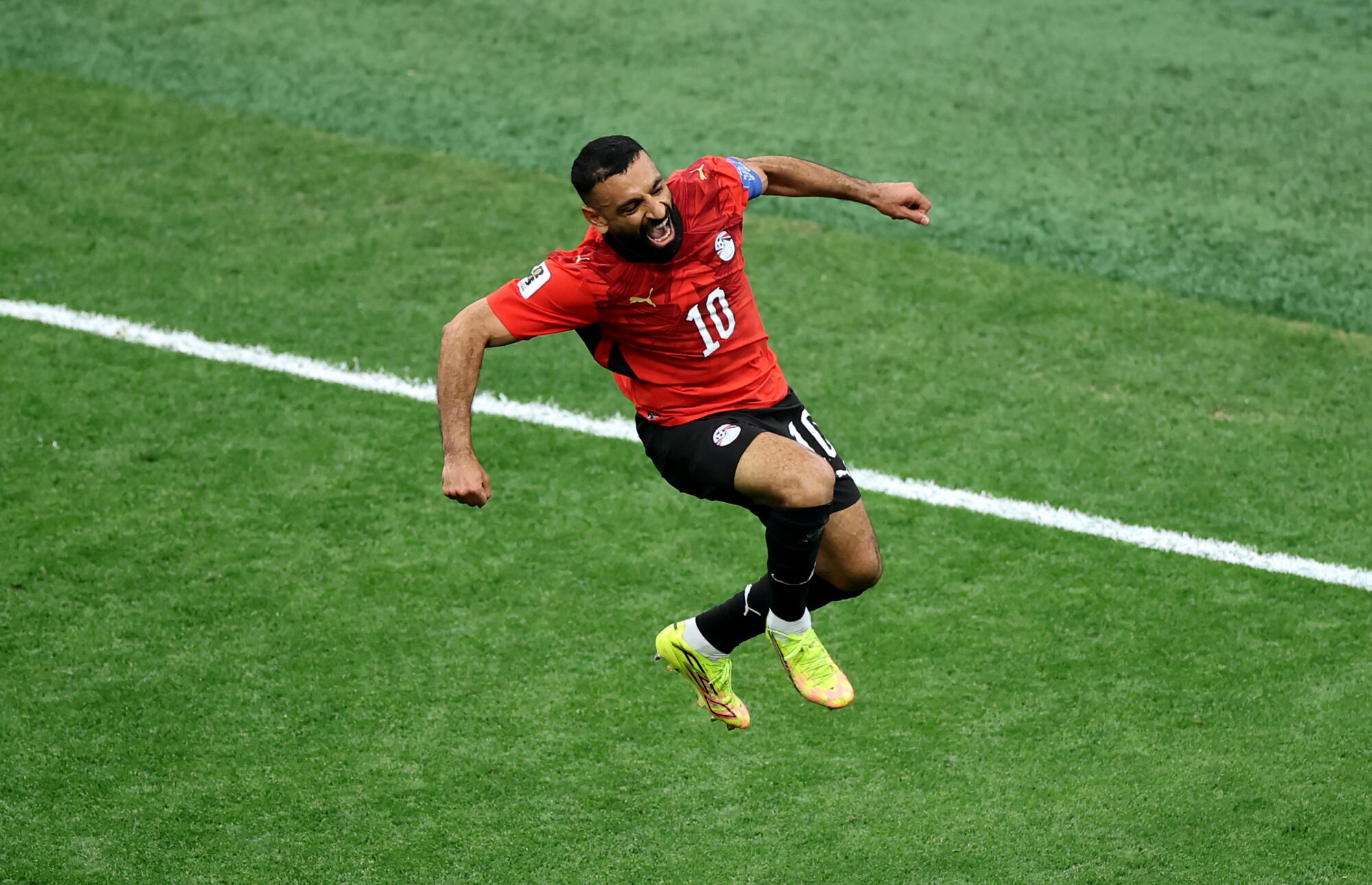 Egypt's Mohamed Salah celebrates after scoring against New Zealand at the World Cup on June 21.