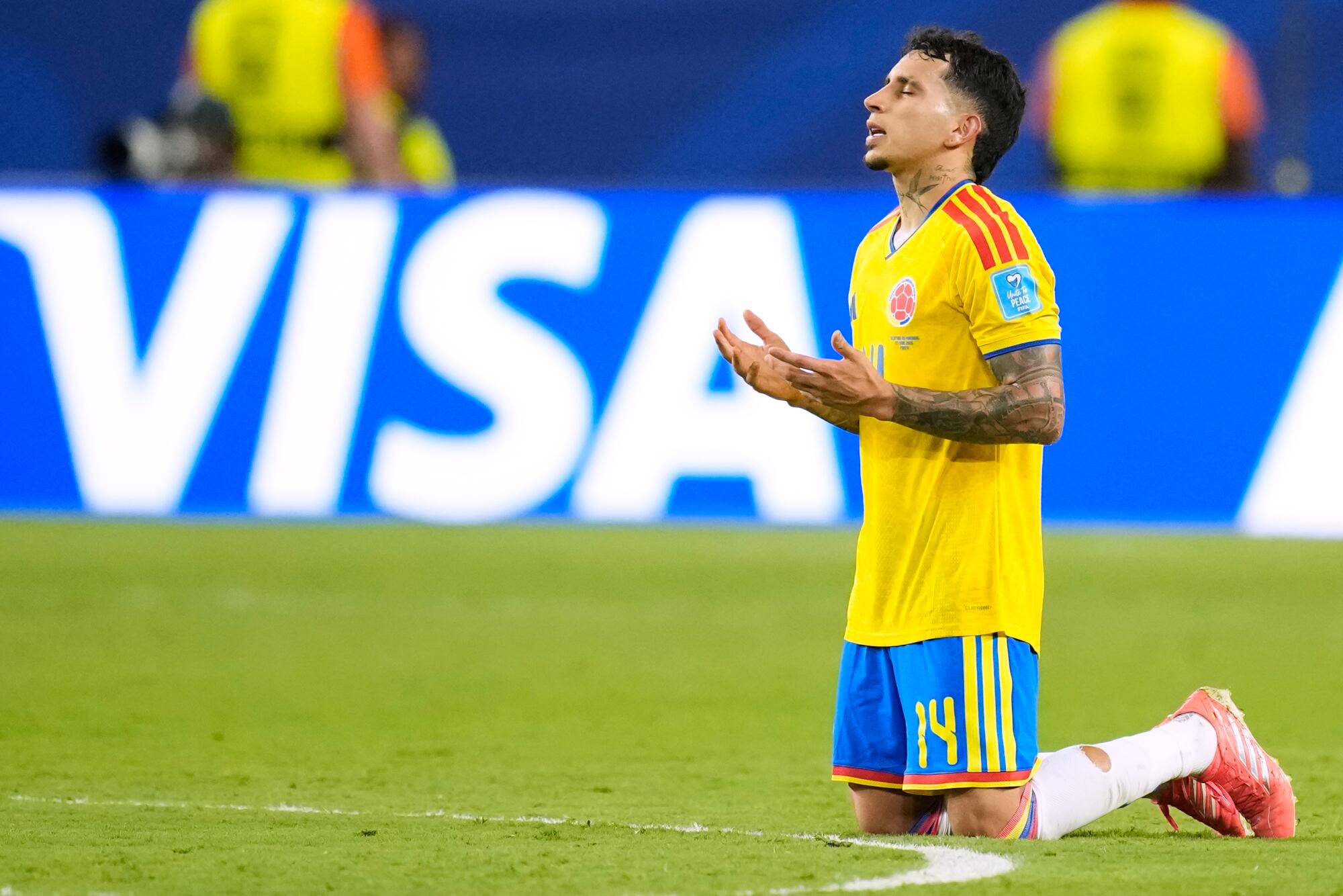 Colombia's Gustavo Puerta reacts during a match against Portugal at the World Cup on June 27.