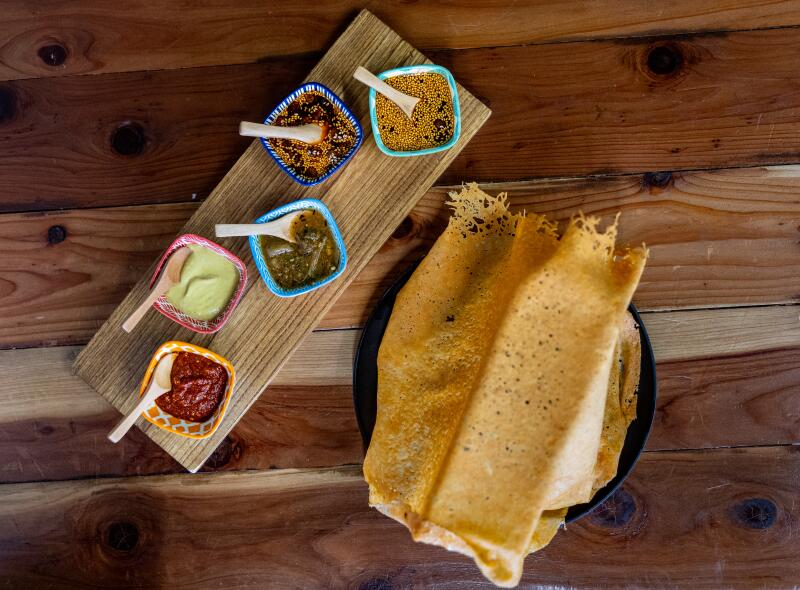 The flight of salsas and chicharrón de queso at Taquearte in Pico Rivera. 