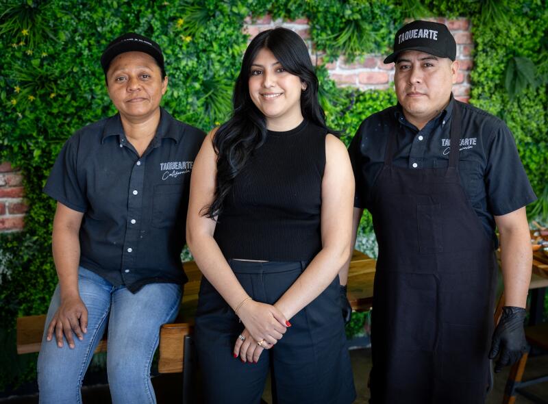 From left, manager Caida Miykel;HR manager Salma Cobian and head cook Jovany Enriquez of Taquearte. 