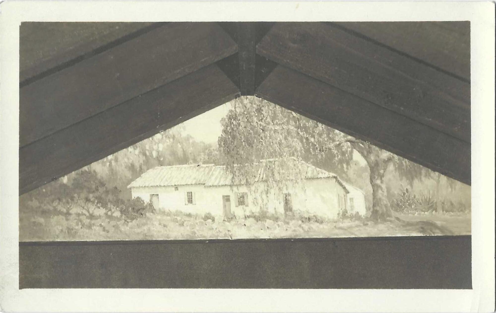 A sepia-tone postcard depicts Flores Adobe in South Pasadena
