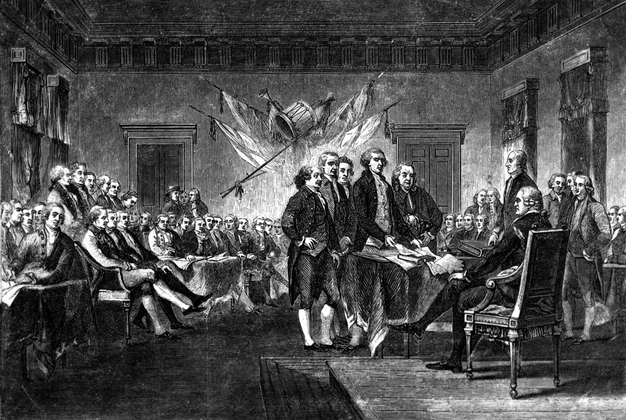 This undated engraving shows the scene on July 4, 1776 when the Declaration of Independence was approved.