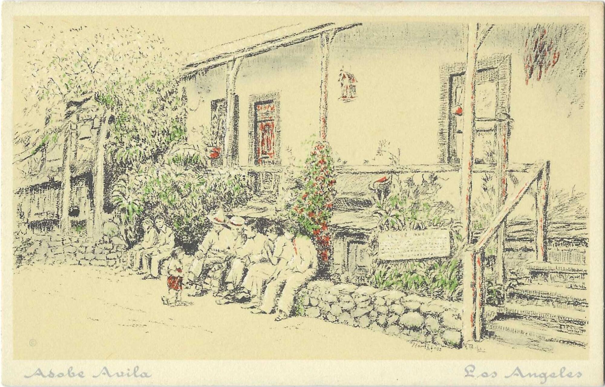 Vintage postcard shows people sitting on a low wall outside Avila Adobe
